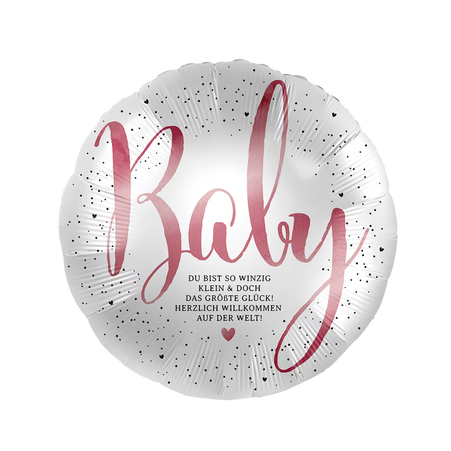 Folienballon Baby mit rosa Schriftzug und Spruch zur Geburt, willkommen auf der Welt, elegante Deko