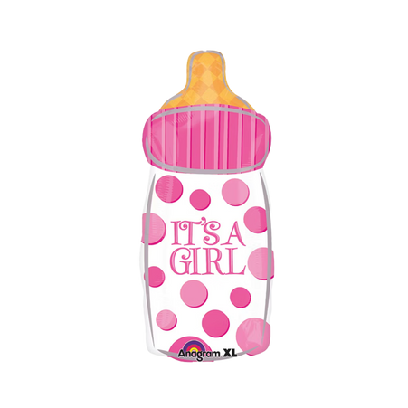 Babyflasche Folienballon „It’s a Girl“ rosa mit Punkten, 25x58 cm Baby Shower Deko von Amscan.
