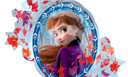Frozen Folienballon Rückseite mit Anna im lila Umhang, umgeben von bunten Blättern, herbstliches Design