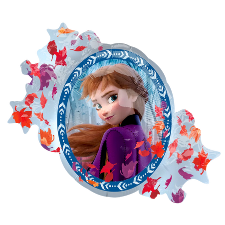 Frozen Folienballon Rückseite mit Anna im lila Umhang, umgeben von bunten Blättern, herbstliches Design