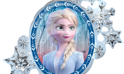 Frozen Folienballon Vorderseite mit Elsa im blauen Kleid, umgeben von Schneeflocken, winterliches Design