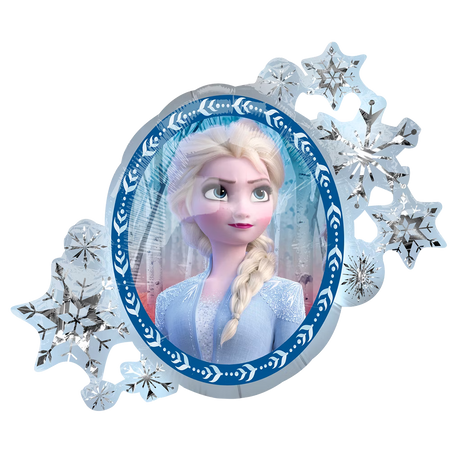 Frozen Folienballon Vorderseite mit Elsa im blauen Kleid, umgeben von Schneeflocken, winterliches Design