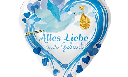 Folienballon zur Geburt eines Jungen in Herzform mit Storch und Schriftzug Alles Liebe zur Geburt, blau,  Deko Motiv