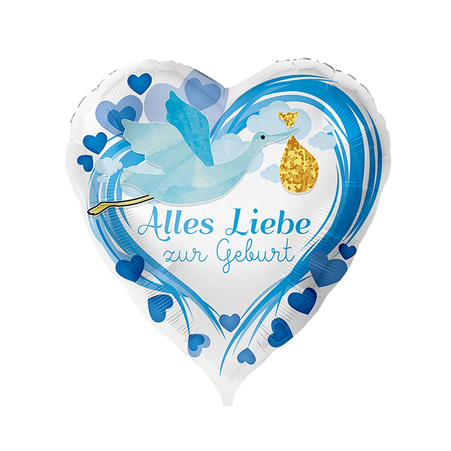 Folienballon zur Geburt eines Jungen in Herzform mit Storch und Schriftzug Alles Liebe zur Geburt, blau,  Deko Motiv
