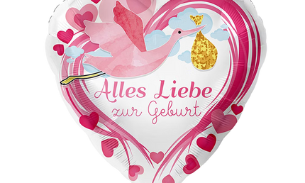 Folienballon zur Geburt in Herzform rosa mit Storch und Schriftzug Alles Liebe zur Geburt, Baby Deko Mädchen