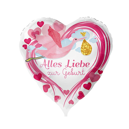 Folienballon zur Geburt in Herzform rosa mit Storch und Schriftzug Alles Liebe zur Geburt, Baby Deko Mädchen