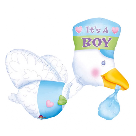 Anagram Folienballon ‘It’s a Boy’ Storch mit Babybündel, 102 × 81 cm, blau‑weißer Baby Shower Helium‑ oder Luftballon zur Geburt eines Jungen