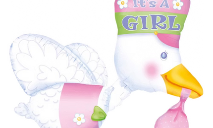 Anagram Folienballon ‘It’s a Girl’ Storch mit Babybündel, 58 × 81 cm, rosa‑weißer Baby Shower Helium‑ oder Luftballon zur Geburt eines Mädchen