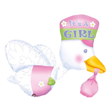 Anagram Folienballon ‘It’s a Girl’ Storch mit Babybündel, 58 × 81 cm, rosa‑weißer Baby Shower Helium‑ oder Luftballon zur Geburt eines Mädchen