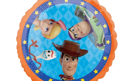 Toy Story Folienballon Vorderseite von Anagram mit Woody, Buzz Lightyear, Bo Peep und Forky für Kindergeburtstag Deko