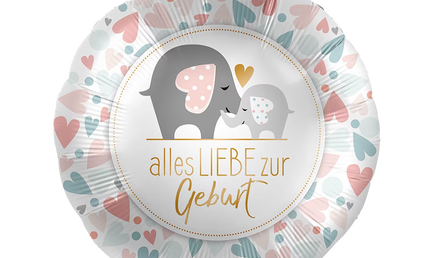 Folienballon zur Geburt mit Elefant Motiv und Herzchen in Pastellfarben, alles Liebe zur Geburt Schriftzug