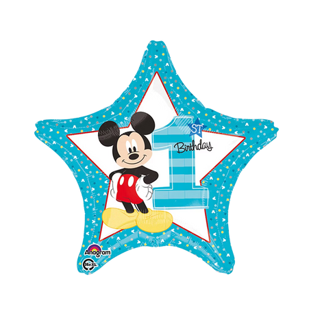 Mickey Mouse 43 cm Folienballon in Sternform blau mit Zahl 1 und Schriftzug 1st Birthday, Disney Deko für ersten Geburtstag