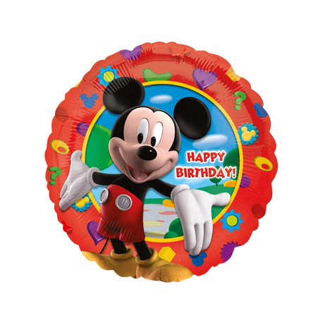 Disney Mickey Mouse Happy Birthday Folienballon rund in Rot, bunte Partydeko für Kindergeburtstag