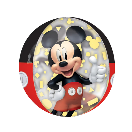 Mickey Mouse Orbz Folienballon 40cm transparent mit gelbem Konfetti und klassischem Disney Design, perfekte Geburtstagsdeko