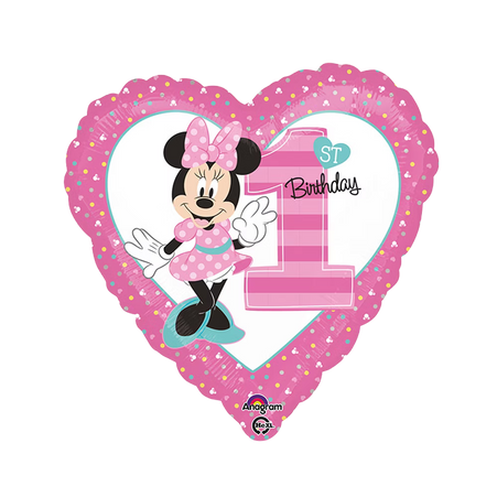 Minnie Mouse 1. Geburtstag Folienballon in Herzform rosa mit Zahl 1, Disney Deko für Kindergeburtstag