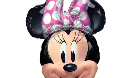 Minnie Mouse Folienballon als Kopf mit rosa Schleife und weißen Punkten, Disney Deko für Kindergeburtstag