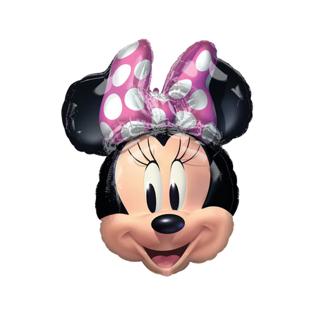 Minnie Mouse Folienballon als Kopf mit rosa Schleife und weißen Punkten, Disney Deko für Kindergeburtstag