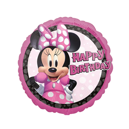 Disney Minnie Mouse Happy Birthday Folienballon rund in Rosa mit Schleife, Partydeko für Kindergeburtstag