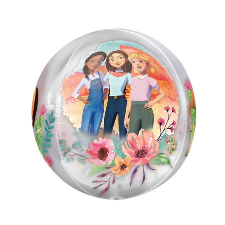 Orbz Folienballon 40 cm Spirit mit Pferde Motiv – drei Freundinnen vor Blumenlandschaft, transparenter Ballon für Kindergeburtstag und Party Deko