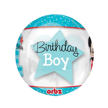 Orbz Folienballon 40cm transparent mit Birthday Boy Schriftzug auf Stern, 1. Geburtstag Junge