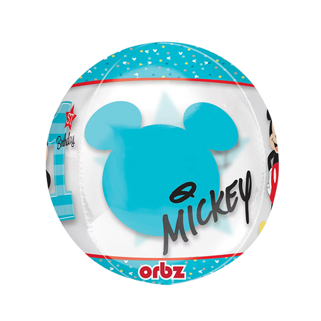 Orbz Folienballon 40cm transparent mit Mickey Silhouette und Schriftzug, Disney 1. Geburtstag Junge