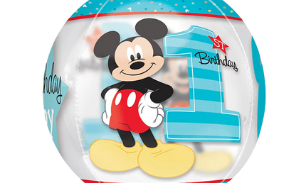 Orbz Folienballon 40cm transparent mit Mickey Mouse und Zahl 1, 1st Birthday Design Junge