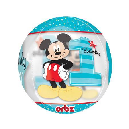 Orbz Folienballon 40cm transparent mit Mickey Mouse und Zahl 1, 1st Birthday Design Junge
