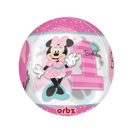 Orbz Folienballon 40cm transparent mit Minnie Mouse und Zahl 1, 4-seitiges Design für 1. Geburtstag Mädchen