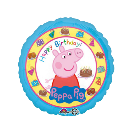 Peppa Pig: Peppa Wutz Happy Birthday Folienballon rund in Blau mit Kuchenmotiv, bunte Partydeko für Kindergeburtstag