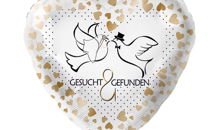 Premioloon Herz Folienballon 43cm Gesucht und Gefunden mit Tauben und goldenen Herzen für Hochzeit
