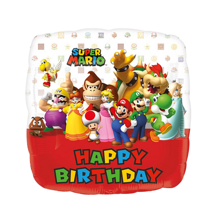 Super Mario Happy Birthday 43 cm Folienballon quadratisch von Anagram mit bunten Nintendo Figuren für Kindergeburtstag