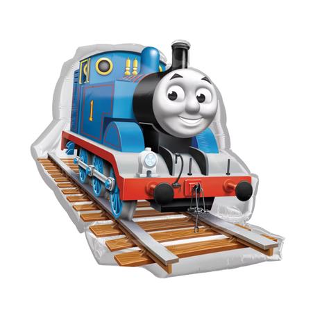 Thomas die Lokomotive Folienballon in Zugform auf Schienen – farbenfrohe Kindergeburtstag Deko