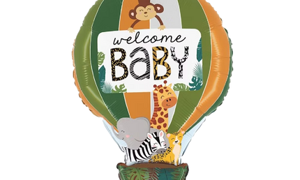 Welcome Baby Folienballon Heißluftballon mit Safari Tieren – Baby Shower Heliumballon mit Giraffe, Zebra, Elefant und Affe zur Geburt