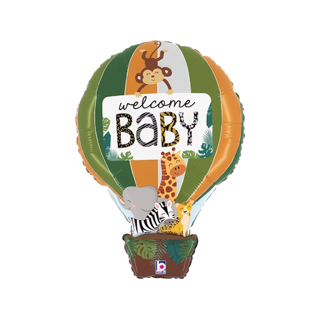 Welcome Baby Folienballon Heißluftballon mit Safari Tieren – Baby Shower Heliumballon mit Giraffe, Zebra, Elefant und Affe zur Geburt