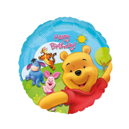 Winnie Pooh Happy Birthday Folienballon rund mit Ferkel und I-Aah, bunte Disney Kindergeburtstag Deko