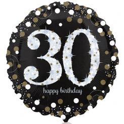 Folienballon Rund 43cm "30" schwarz-silber, glitzernd 