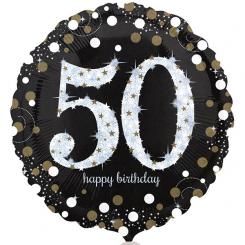 Folienballon Rund 43cm "50" schwarz-silber, glitzernd 