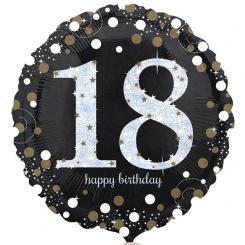 Folienballon Rund 43cm "18" schwarz-silber, glitzernd 