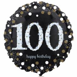 Folienballon Rund 43cm "100" schwarz-silber, glitzernd 
