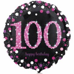 Folienballon Rund 43cm "100" schwarz-pink, glitzernd 