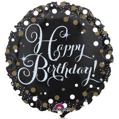 Folienballon Rund 43cm "HAPPY BIRTHDAY" schwarz-silber, glitzernd 