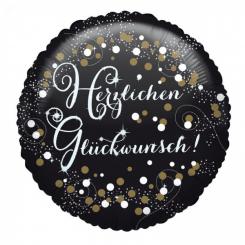 Folienballon Rund 43cm "HERZLICHEN GLÜCKWUNSCH" schwarz-silber, glitzernd 