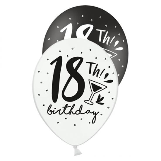 Luftballon "18th Birthday" schwarz-weiß, 6 Stück 