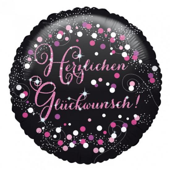 Folienballon Rund 43cm "HERZLICHEN GLÜCKWUNSCH" schwarz-pink, glitzernd 