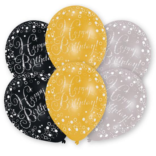 Luftballon "Happy Birthday" schwarz-silber-gold metallic, 6 Stück 