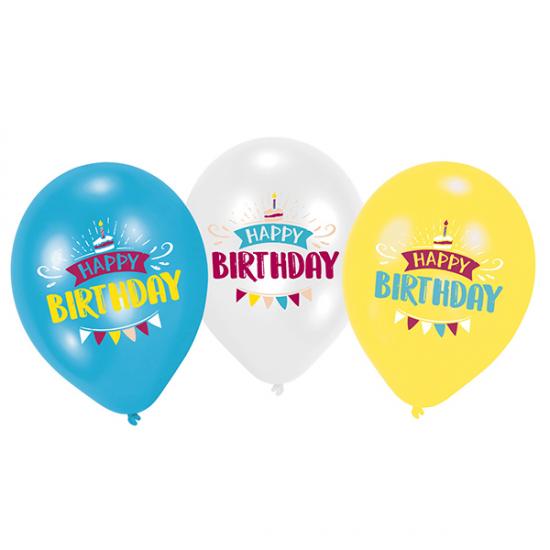 Luftballon "Happy Birthday" blau-weiß-gelb, 6 Stück 
