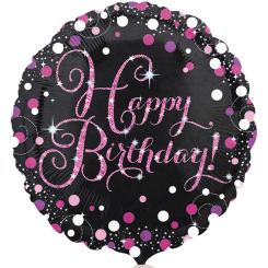 Folienballon Rund 43cm "HAPPY BIRTHDAY" schwarz-pink, glitzernd 
